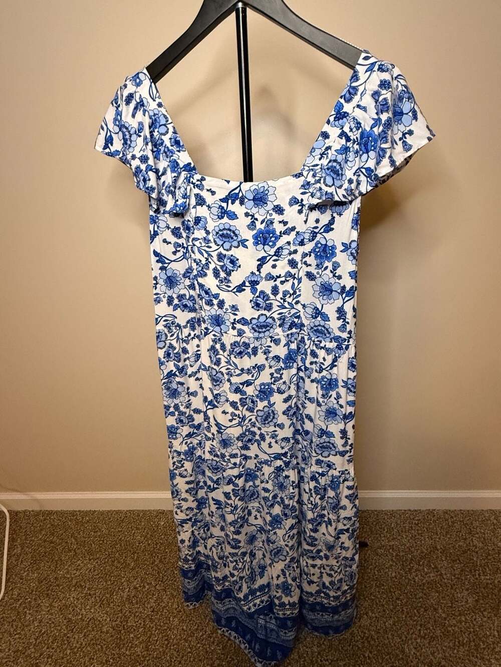 Chenault Pink & Violet Blue Floral Print Ruffle Sleeve Maxi Dress Size L